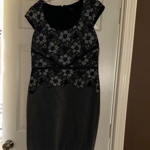 Ann Taylor Black Lace Top Gray Ponte Midi Dress